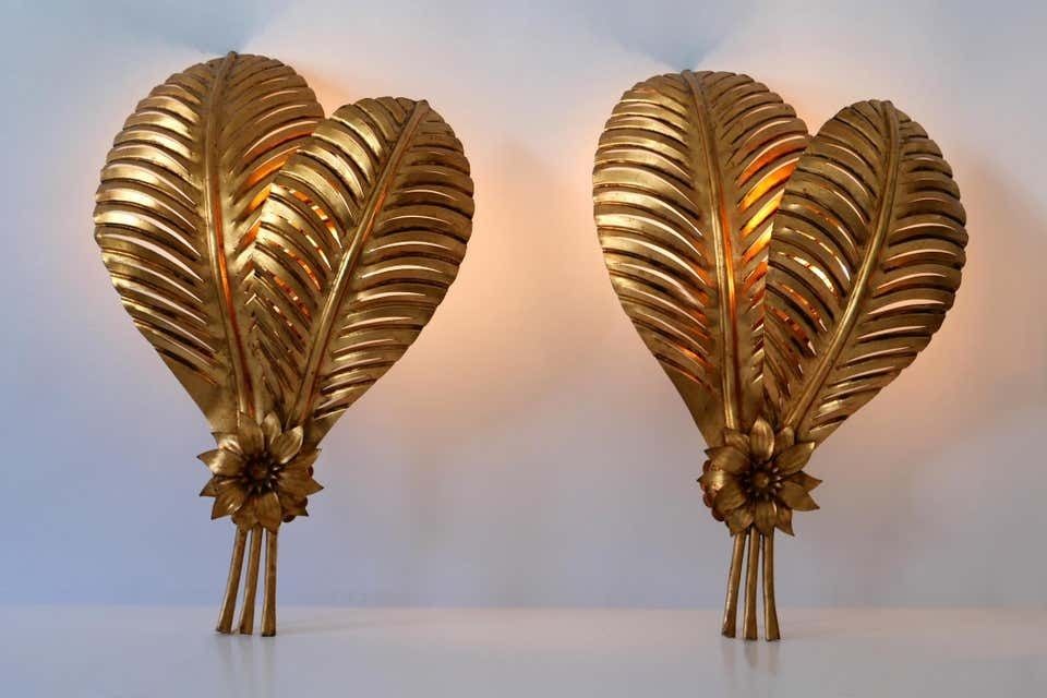 Set Of Two Extra Large Gilt Metal Palm Leaf Wall Lamps, Hans Kögl, 1970s Germany photo Lighting
