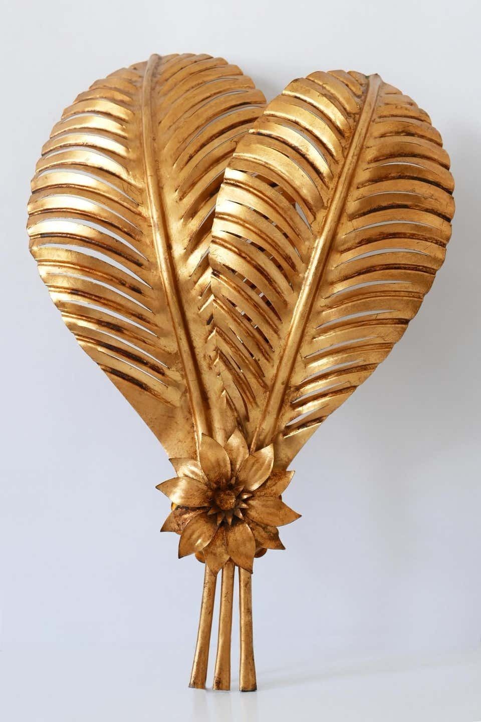 Set Of Two Extra Large Gilt Metal Palm Leaf Wall Lamps, Hans Kögl, 1970s Germany photo vinterior