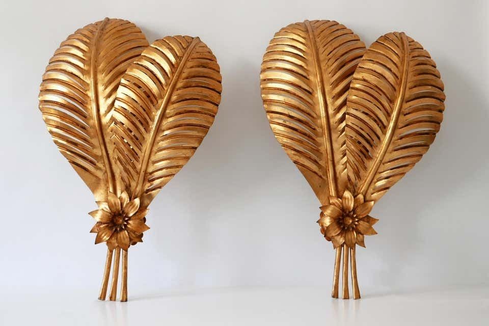 Lighting Set Of Two Extra Large Gilt Metal Palm Leaf Wall Lamps, Hans Kögl, 1970s Germany photo