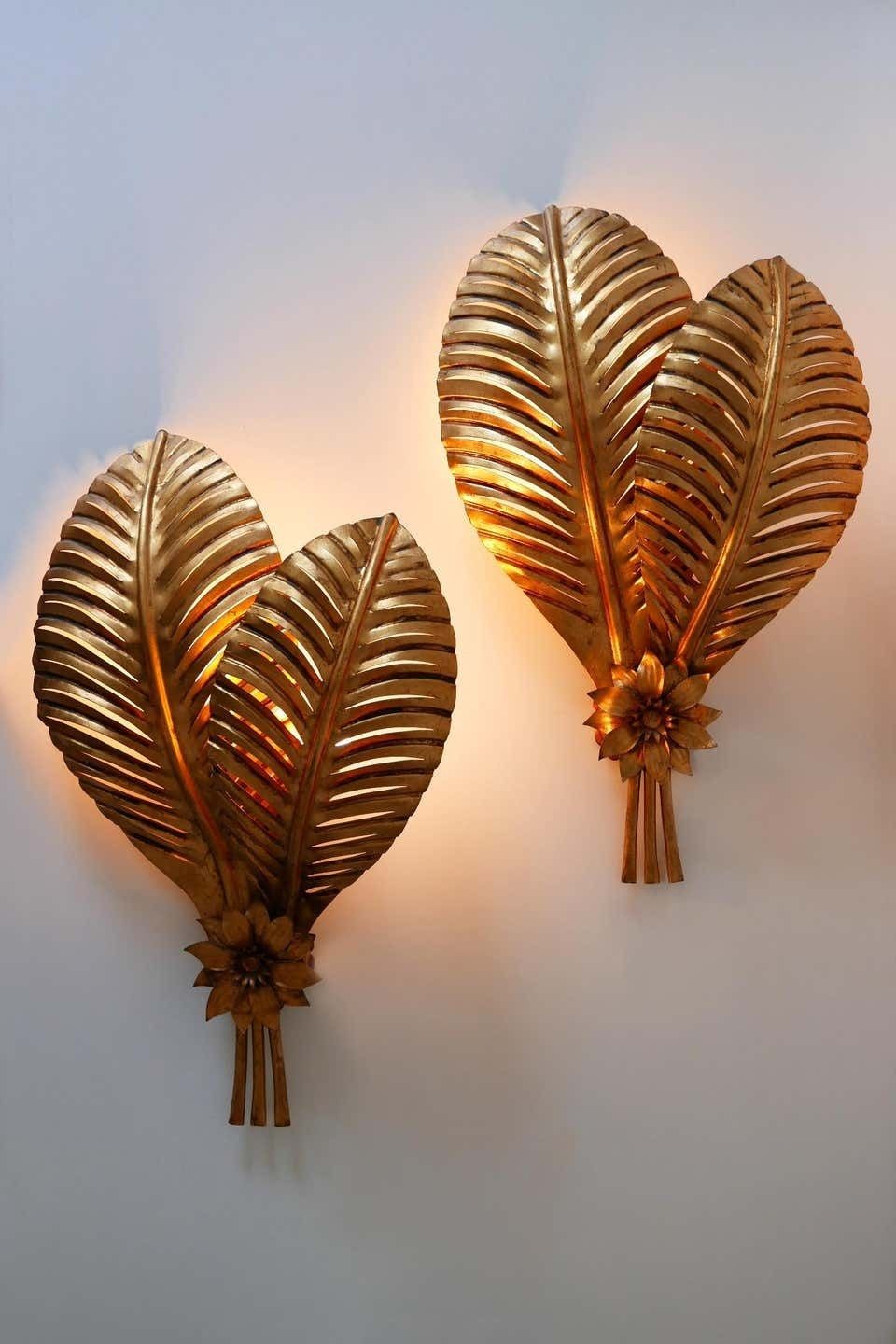 4084.0 Set Of Two Extra Large Gilt Metal Palm Leaf Wall Lamps, Hans Kögl, 1970s Germany photo