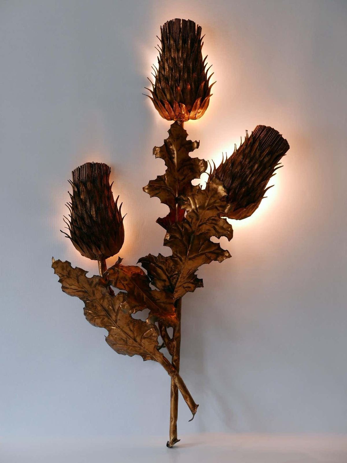 Huge Mid Century Modern Gilt Metal Three Flamed Thistle Flower Sconce 1960s photo furniture