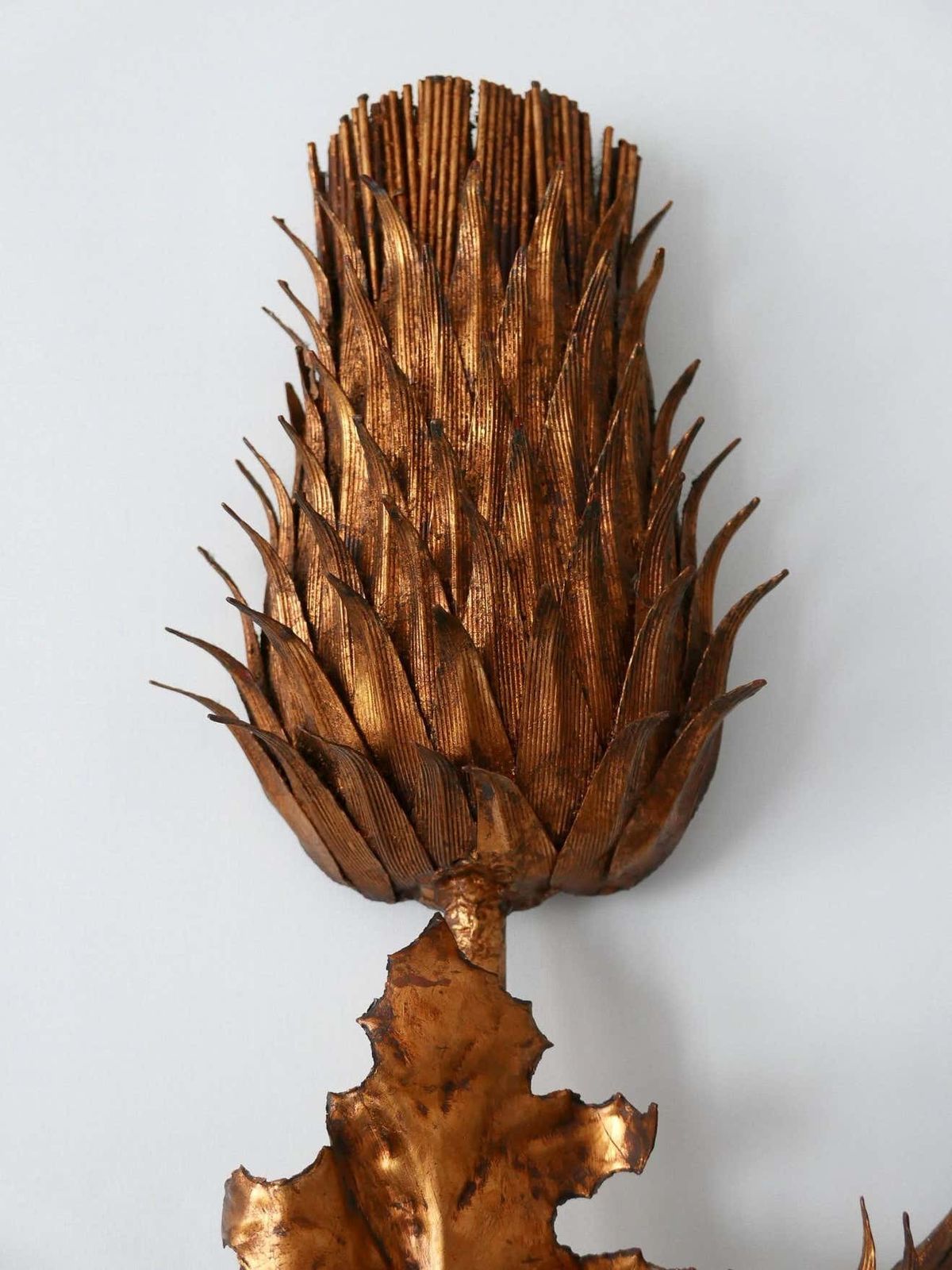 Huge Mid Century Modern Gilt Metal Three Flamed Thistle Flower Sconce 1960s photo 8622.0