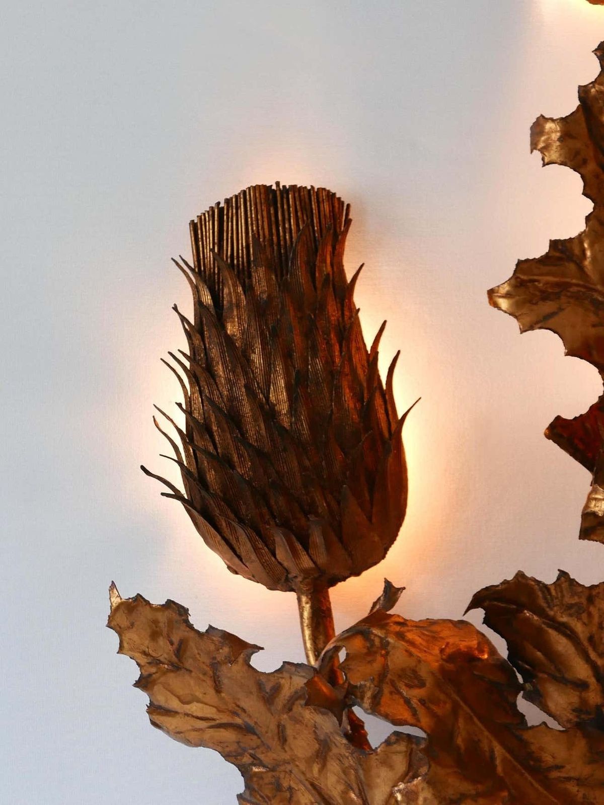 Huge Mid Century Modern Gilt Metal Three Flamed Thistle Flower Sconce 1960s photo vintage
