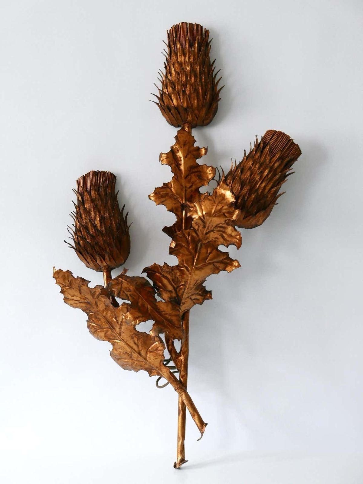 photo for sale Huge Mid Century Modern Gilt Metal Three Flamed Thistle Flower Sconce 1960s