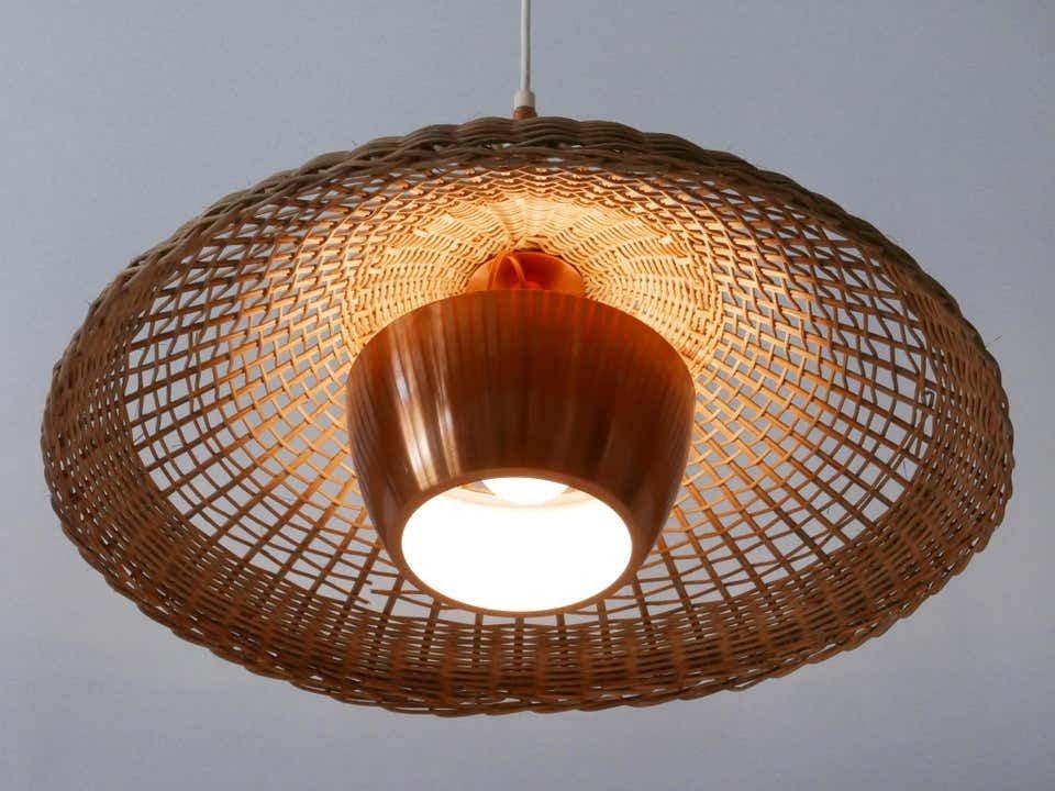 photo for sale Large & Elegant Mid Century Modern Rattan & Copper Pendant Lamp Denmark 1970s