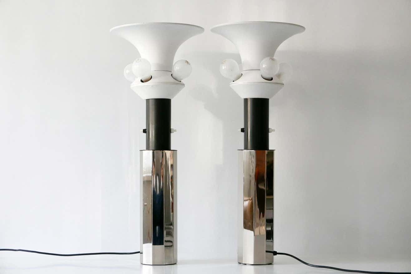 Set Of Two Huge, 5 Flamed Midcentury Decagonal Chrome Table Lamps 1960s, Germany photo vintage