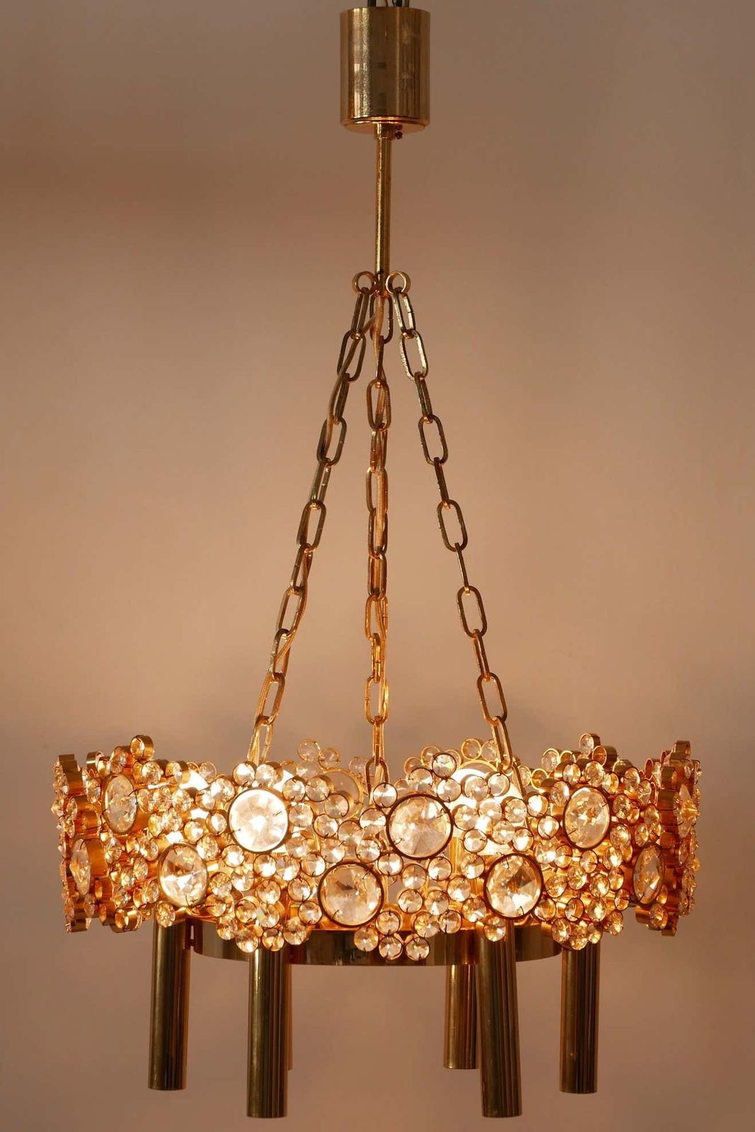 Gilt Brass Facet Cut Crystal Glass Chandelier ''Jewel'' By Palwa, 1970s, Germany photo Lighting