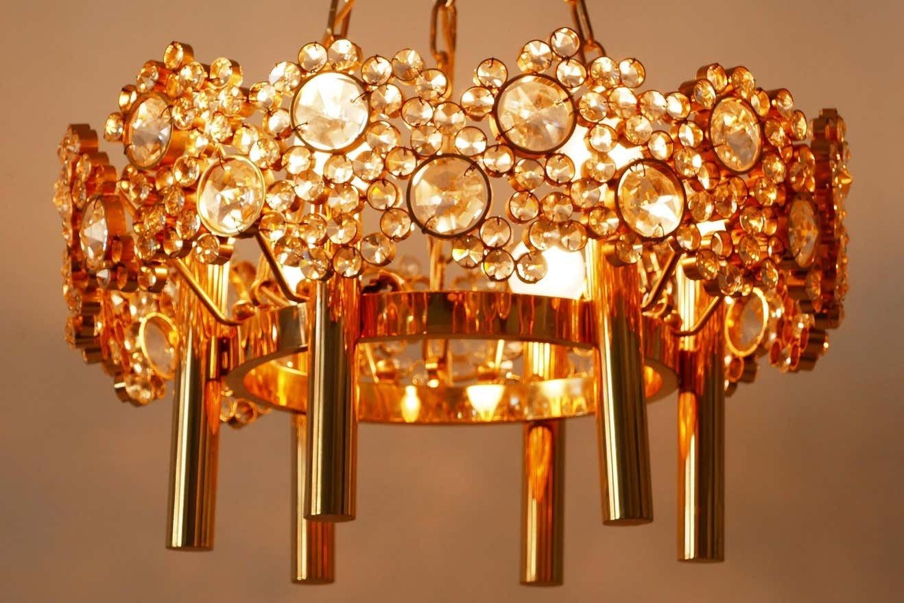 Gilt Brass Facet Cut Crystal Glass Chandelier ''Jewel'' By Palwa, 1970s, Germany photo vintage