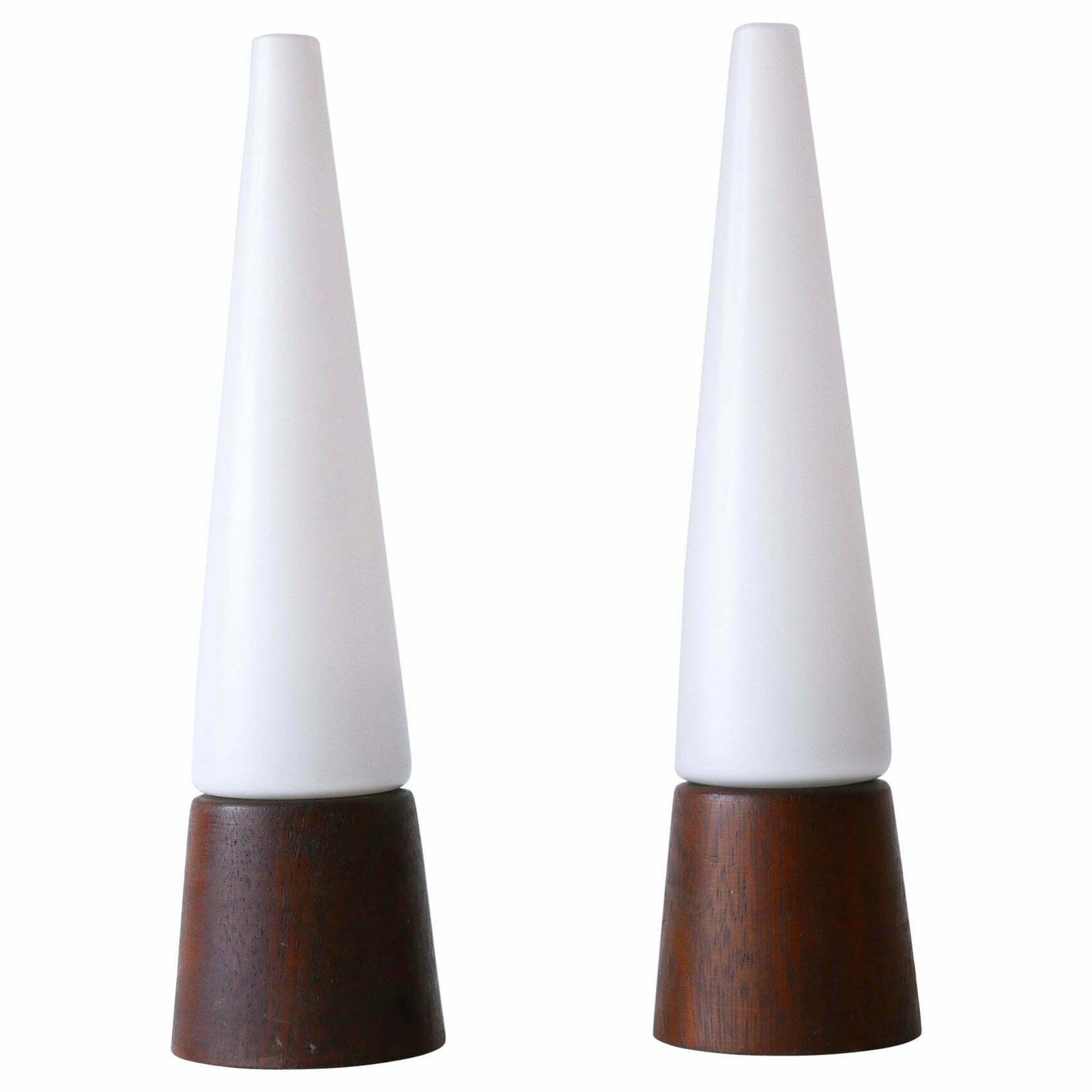 Set Of Two Mid Century Modern Opaline Glass & Teak Table Lamps Scandinavia 1960s