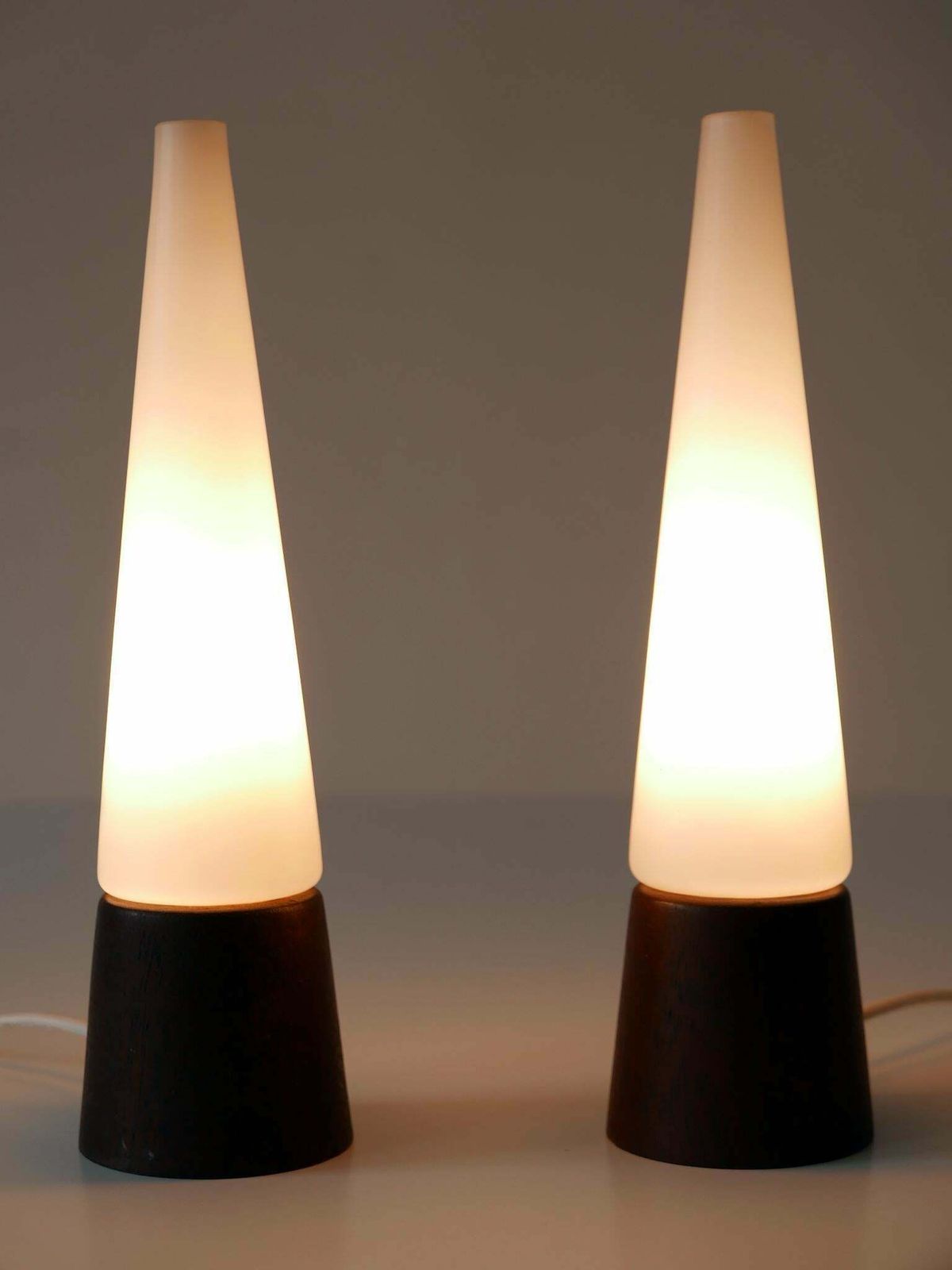 Set Of Two Mid Century Modern Opaline Glass & Teak Table Lamps Scandinavia 1960s photo furniture