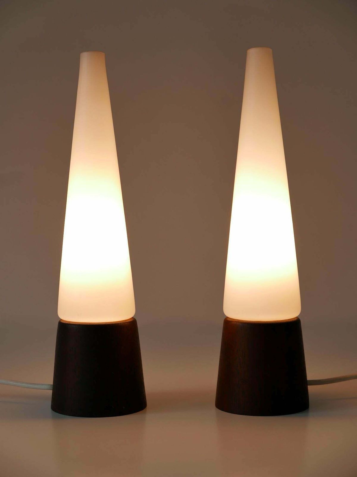 Set Of Two Mid Century Modern Opaline Glass & Teak Table Lamps Scandinavia 1960s photo Lighting