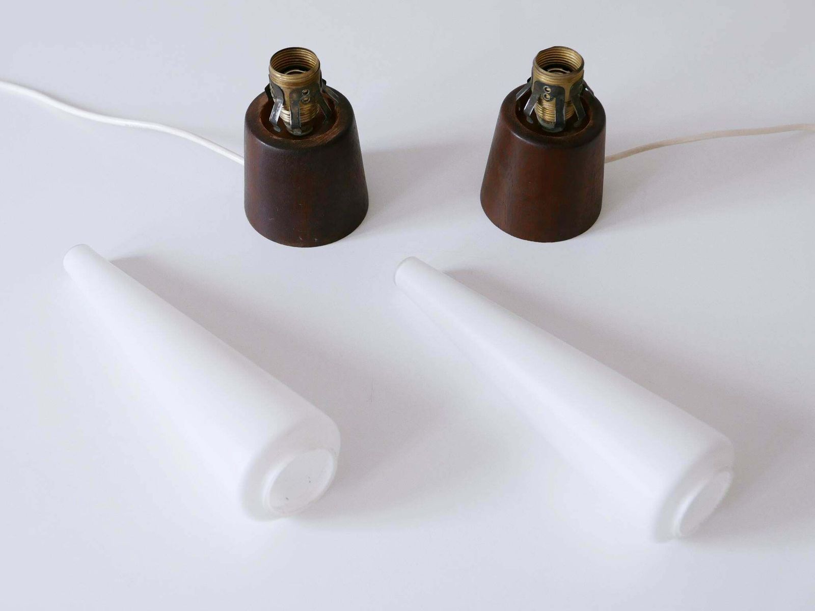 photo buy Set Of Two Mid Century Modern Opaline Glass & Teak Table Lamps Scandinavia 1960s