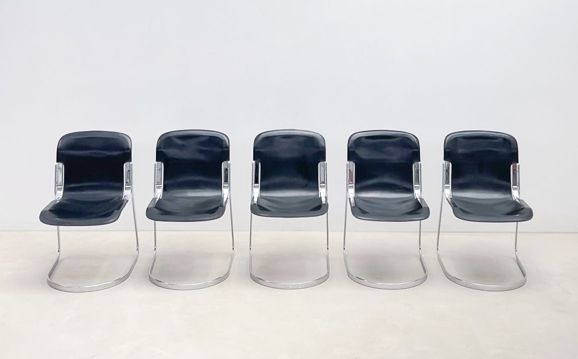 Set Of Six Dining Chairs By Willy Rizzo For Cidue In Leather & Steel