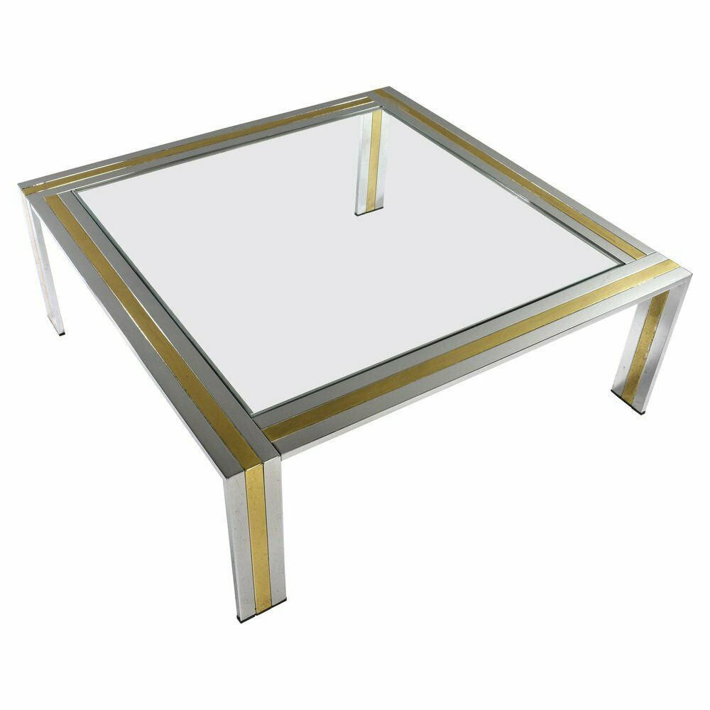 Square Coffee Table In Brass, Chrome And Glass By Renato Zevi, Italy, 1970s