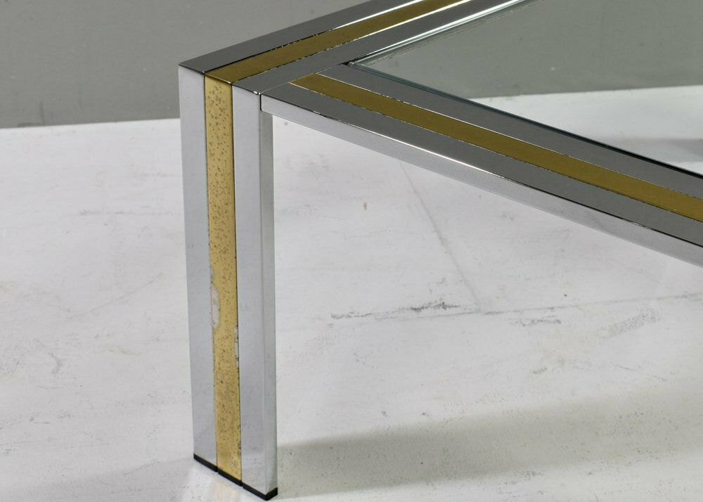 photo furniture Square Coffee Table In Brass, Chrome And Glass By Renato Zevi, Italy, 1970s