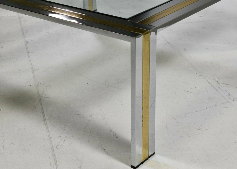 photo vintage Square Coffee Table In Brass, Chrome And Glass By Renato Zevi, Italy, 1970s