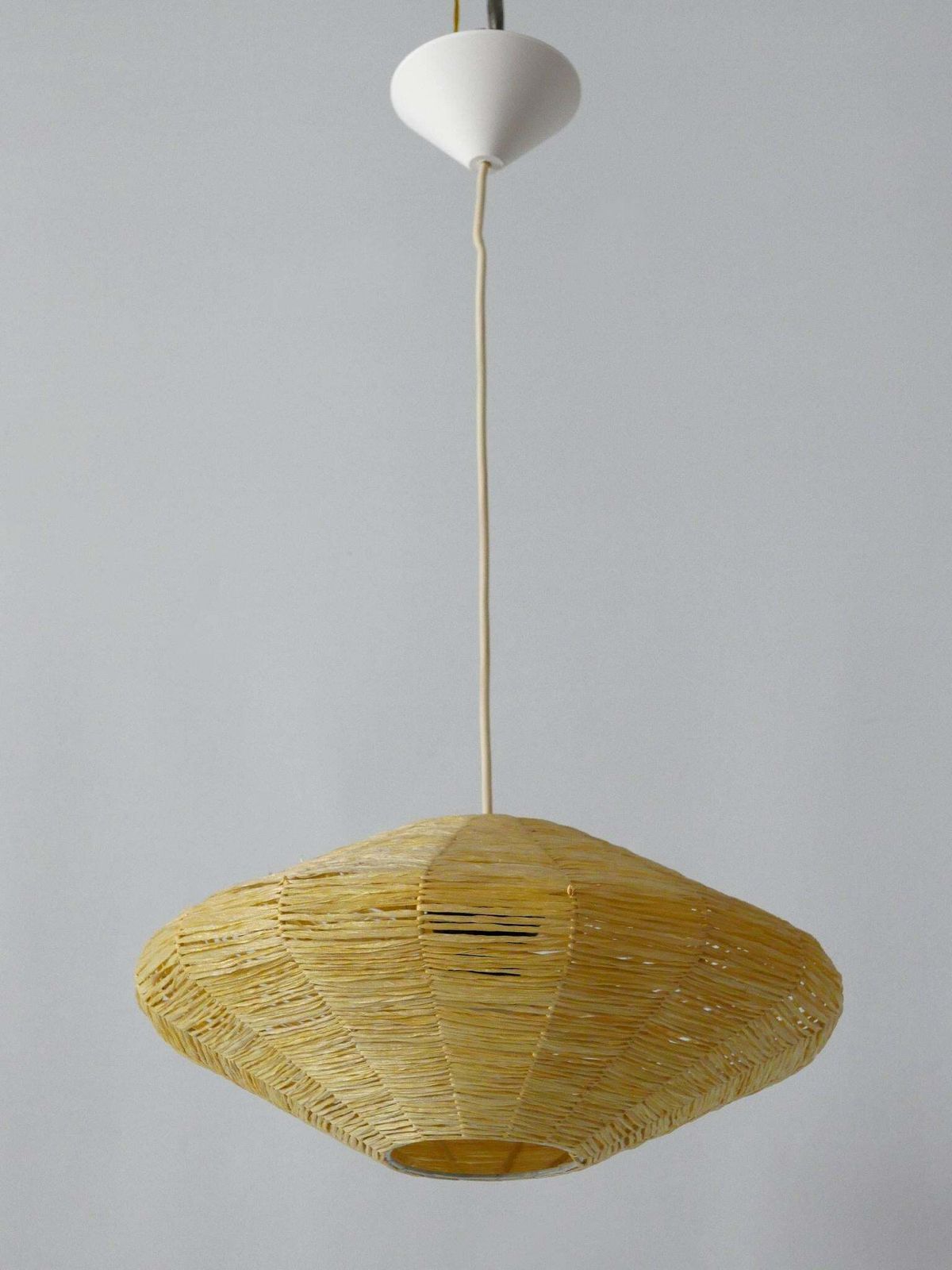 Rare Mid Century Modern Raffia Bast Pendant Lamp Or Hanging Light Germany 1970s photo vinterior