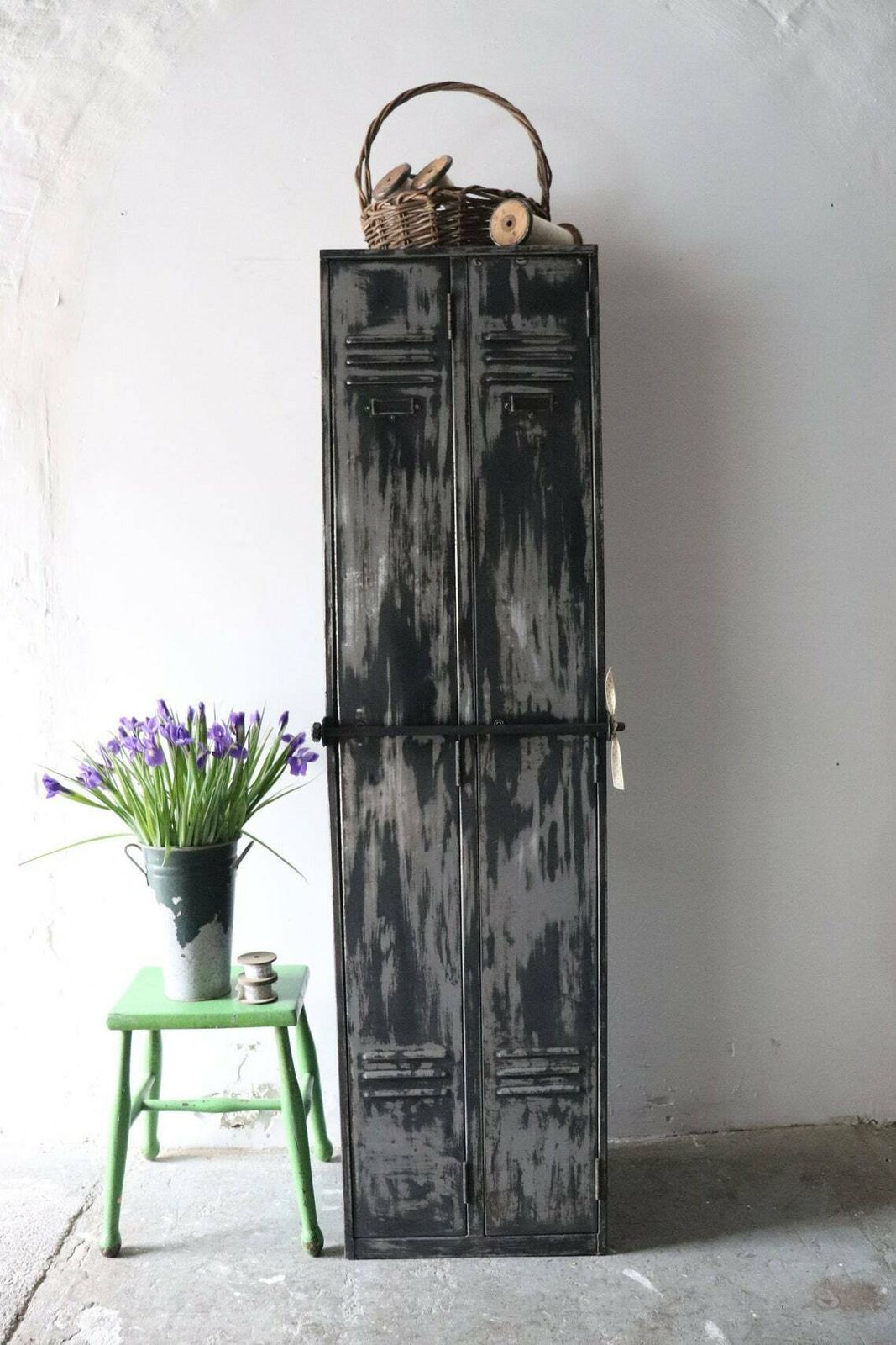 Tall Vintage Metal Painted Double Locker Or Coat Cupboard With Distressed Paintwork In Black And Grey