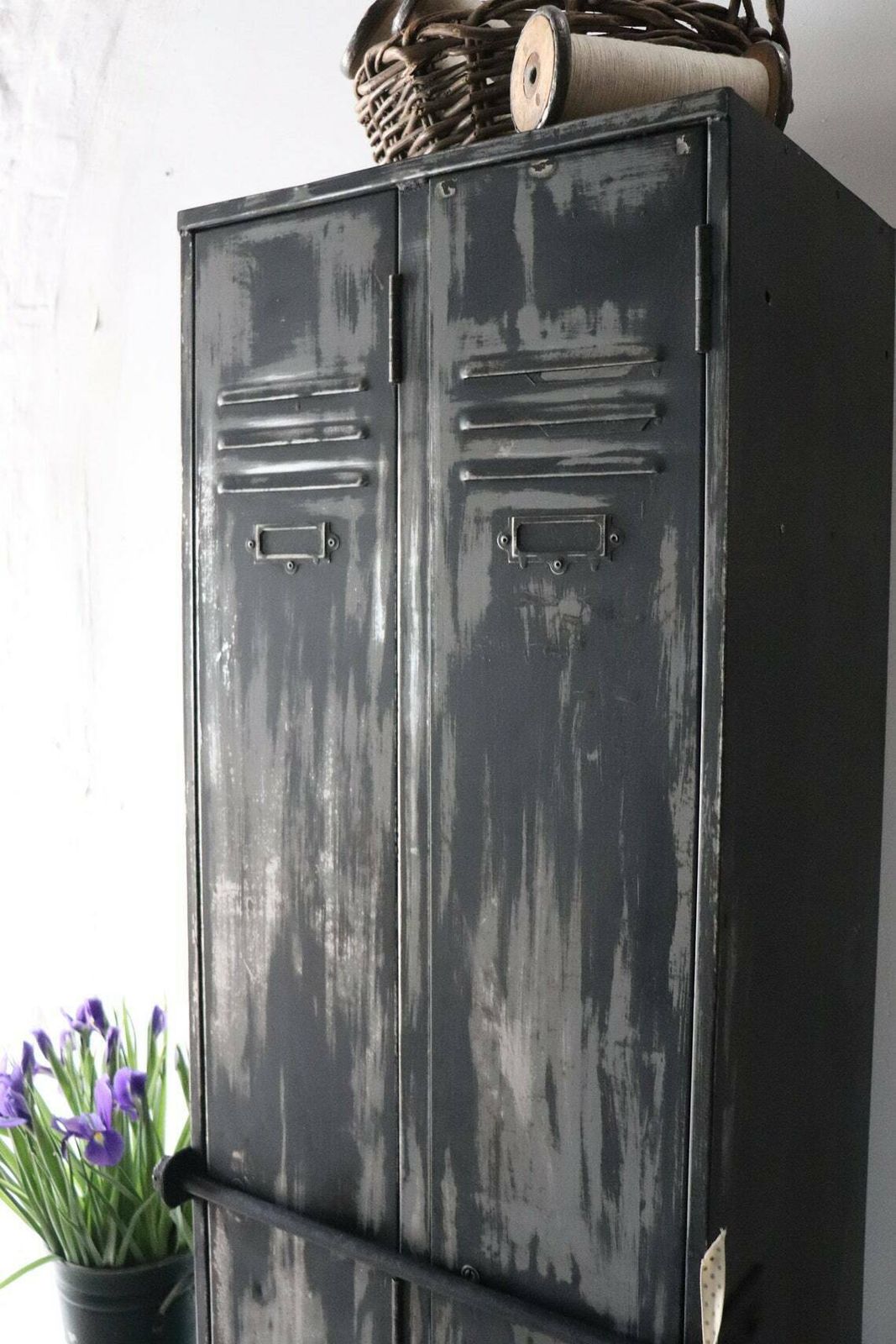 Tall Vintage Metal Painted Double Locker Or Coat Cupboard With Distressed Paintwork In Black And Grey photo for sale