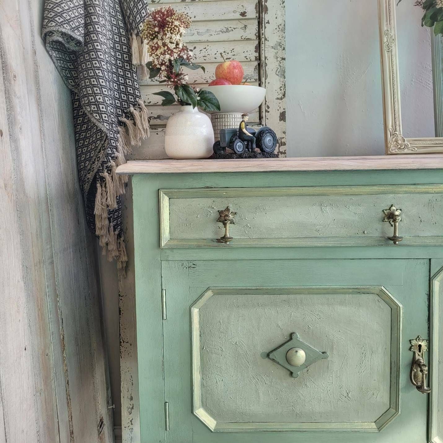 Commission Item   Sideboard Painted Green   Farmhouse Country Boho Style   Gold Accents   Hand Painted photo Furniture