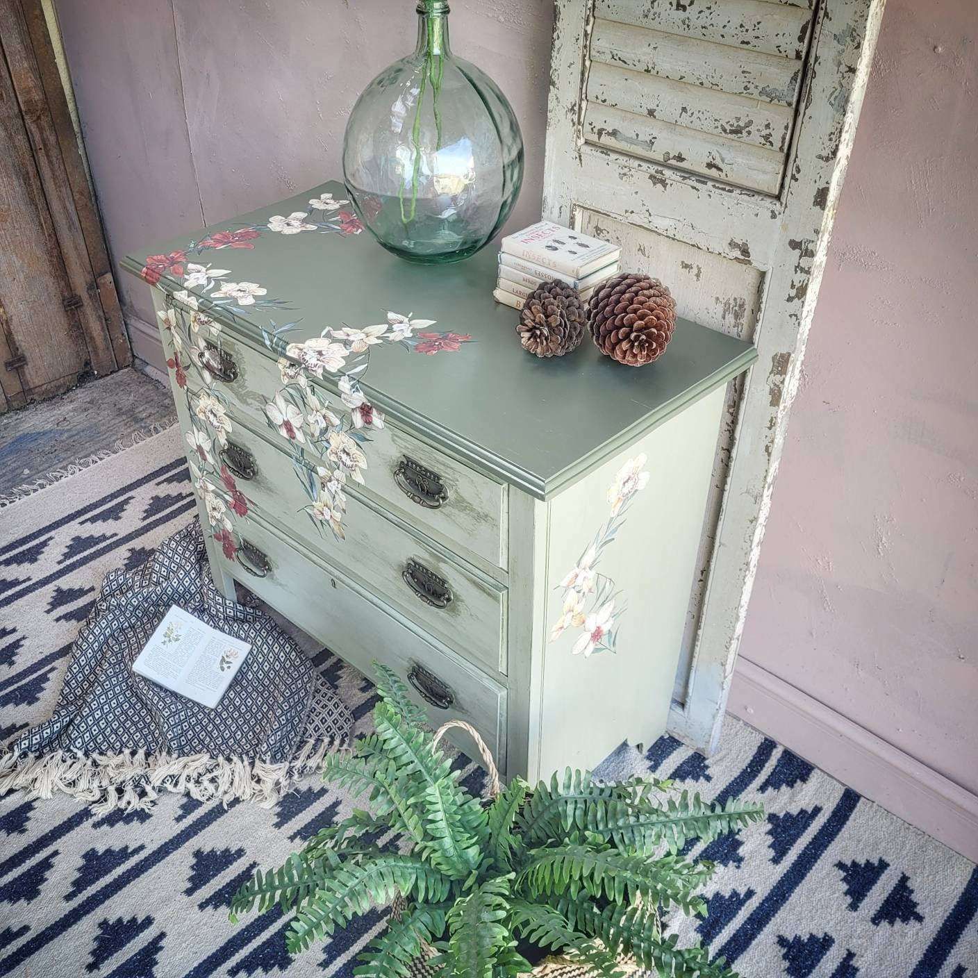 Commission Item Green Chest Of Drawers Hand Painted 3 Drawers Floral Design Bespoke photo Furniture