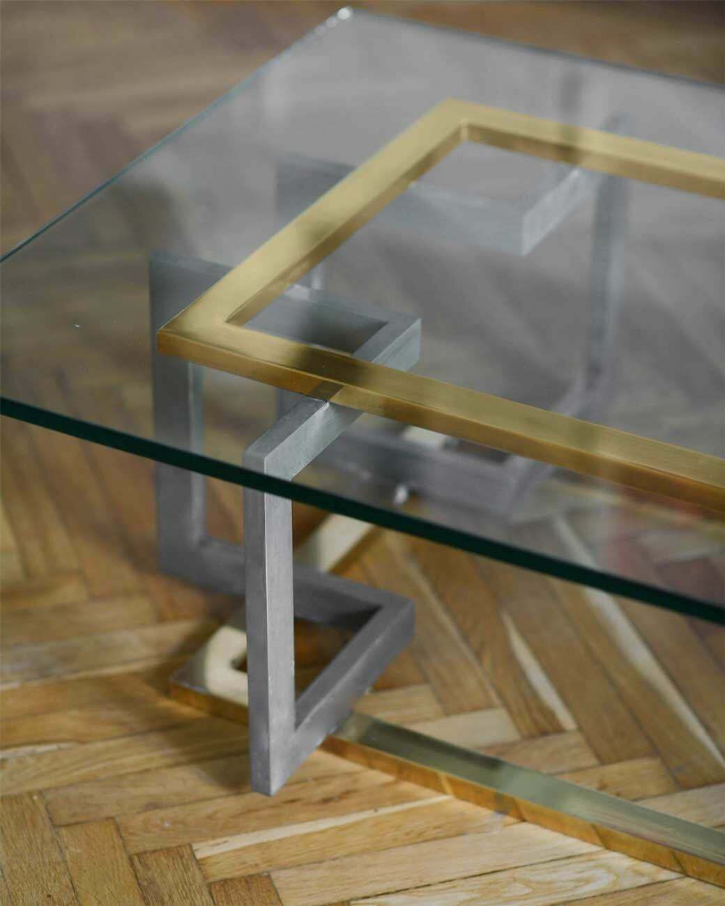 Coffee Table In Metal And Brass With Glass Top, 1980s photo for sale