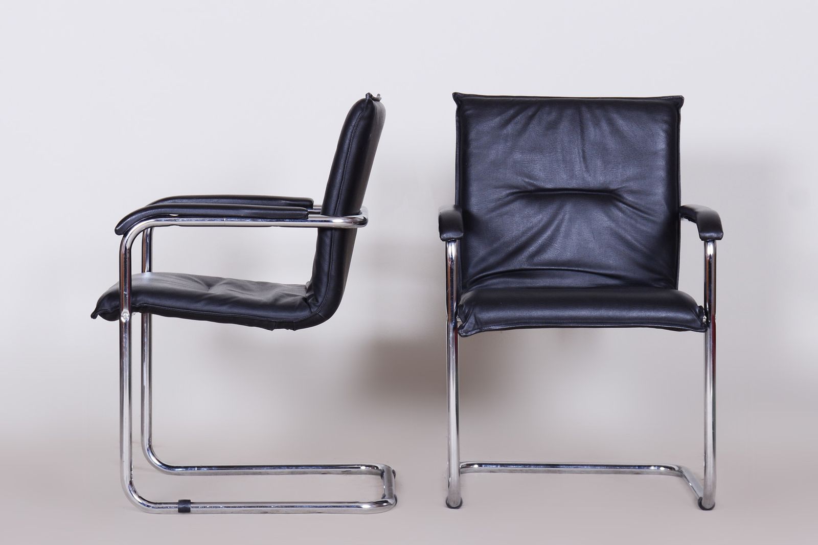 Pair Of Black Bauhaus Chairs, Artificial Leather, Chrome, Well Preserved Original Condition, 1970s, Germany photo vinterior