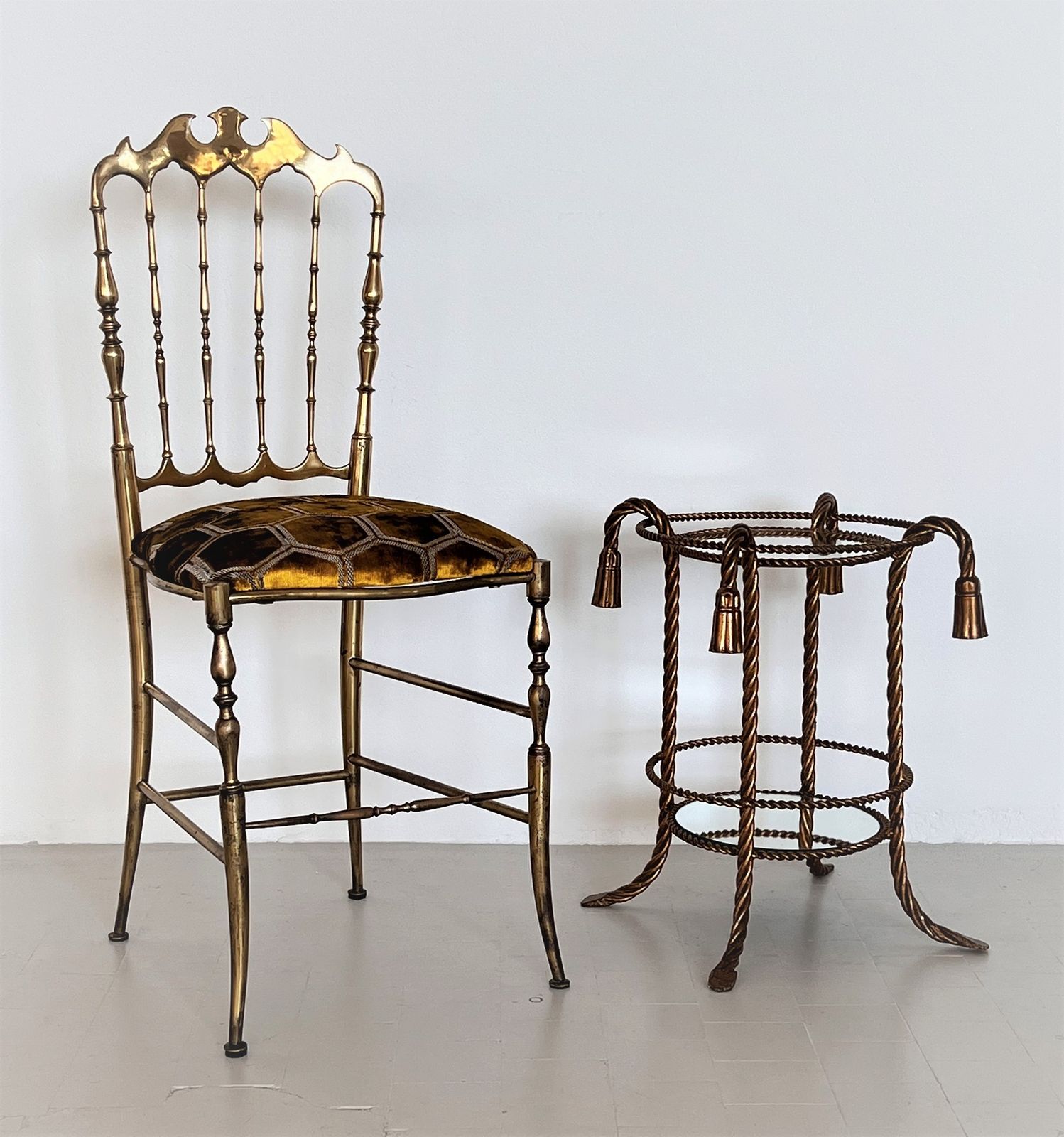 Italian Midcentury Chiavari Chair In Full Brass With New Upholstery From Designers Guild, 1970s photo Furniture