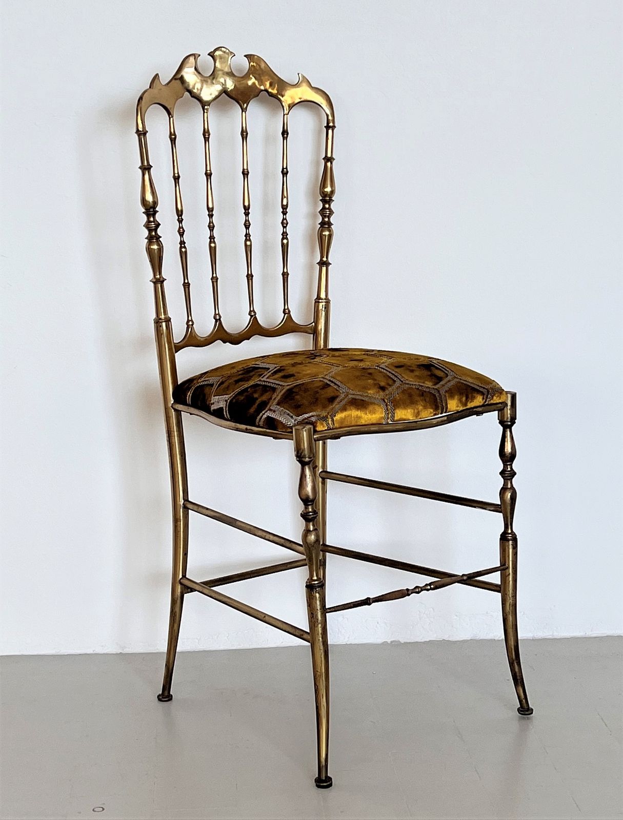 Italian Midcentury Chiavari Chair In Full Brass With New Upholstery From Designers Guild, 1970s