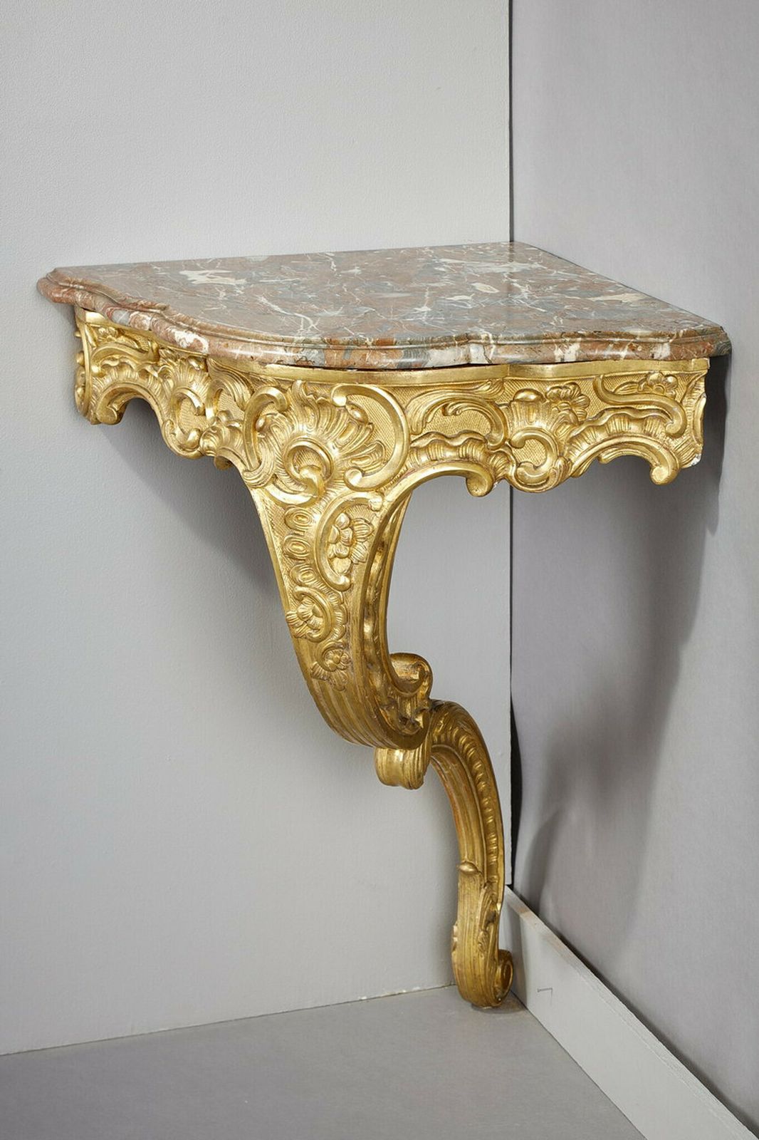 Louis XV Style Corner Console In Gilded Wood And Breche Marble Top, 19th Century photo for sale