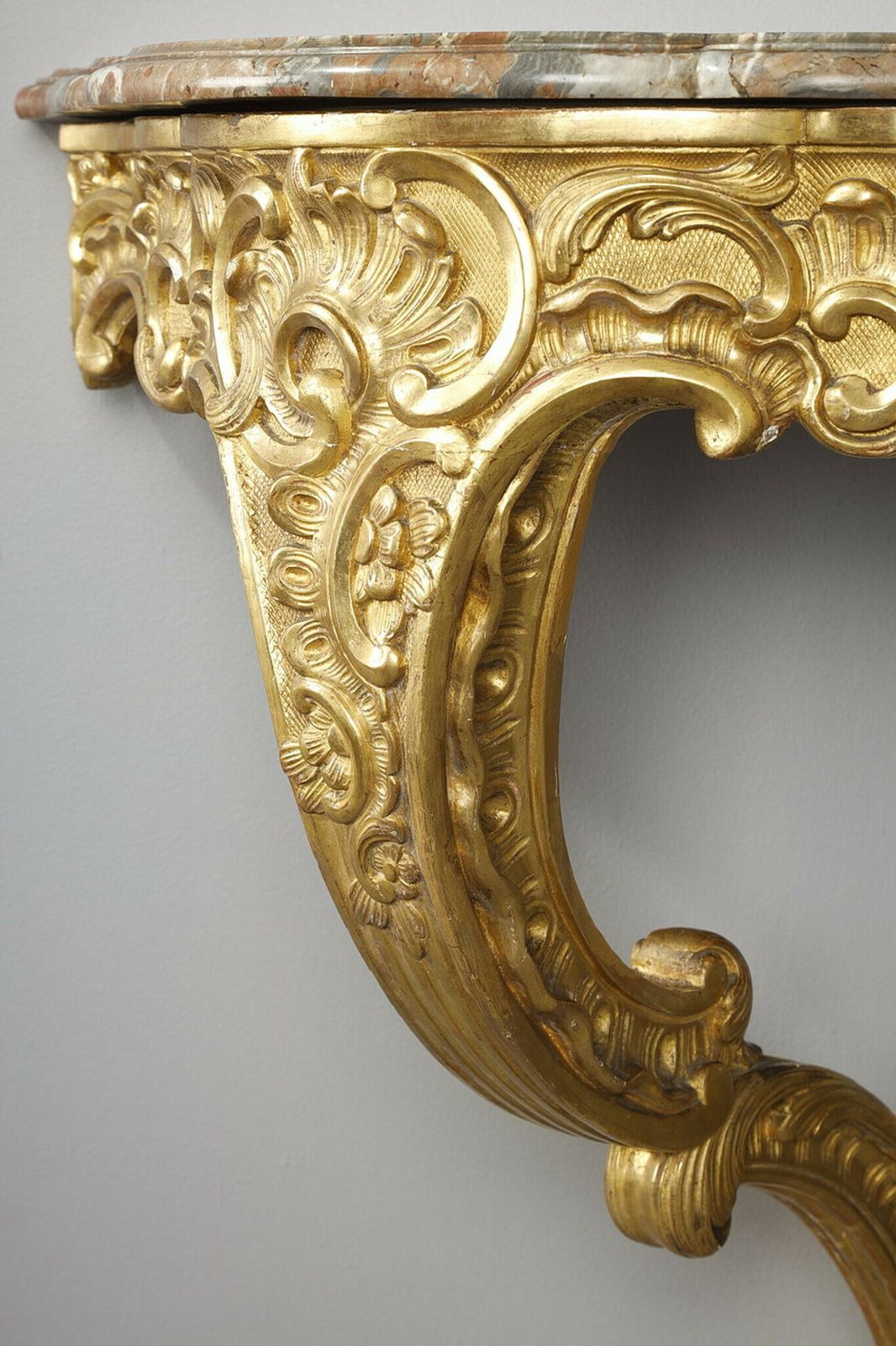 Louis XV Style Corner Console In Gilded Wood And Breche Marble Top, 19th Century photo Furniture