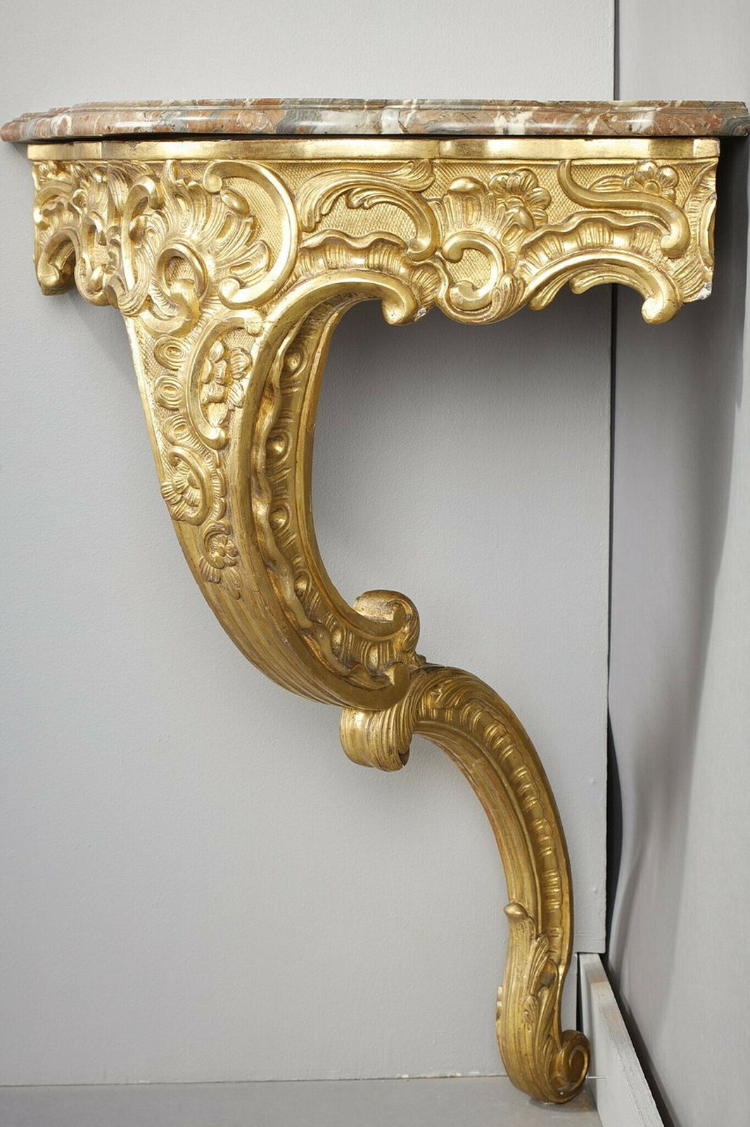 photo buy Louis XV Style Corner Console In Gilded Wood And Breche Marble Top, 19th Century