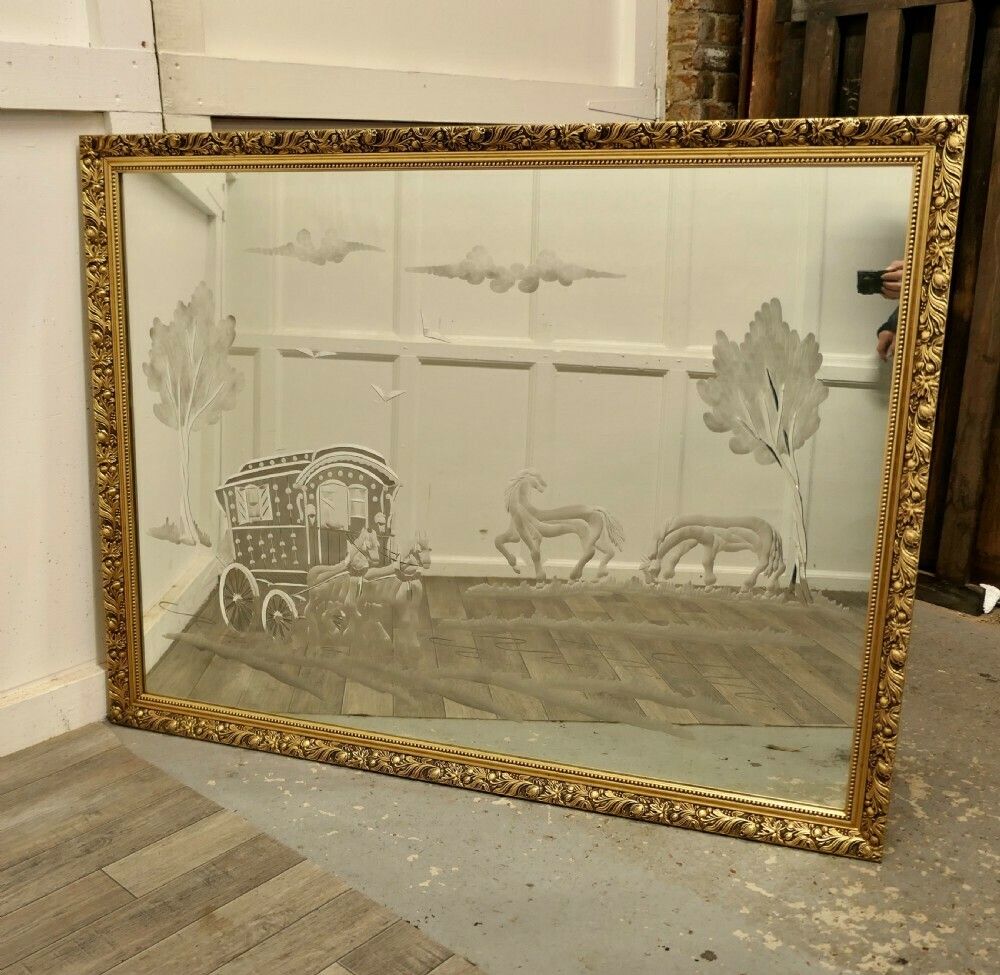 Engraved Mirror, Horse Drawn Romany Caravan photo for sale