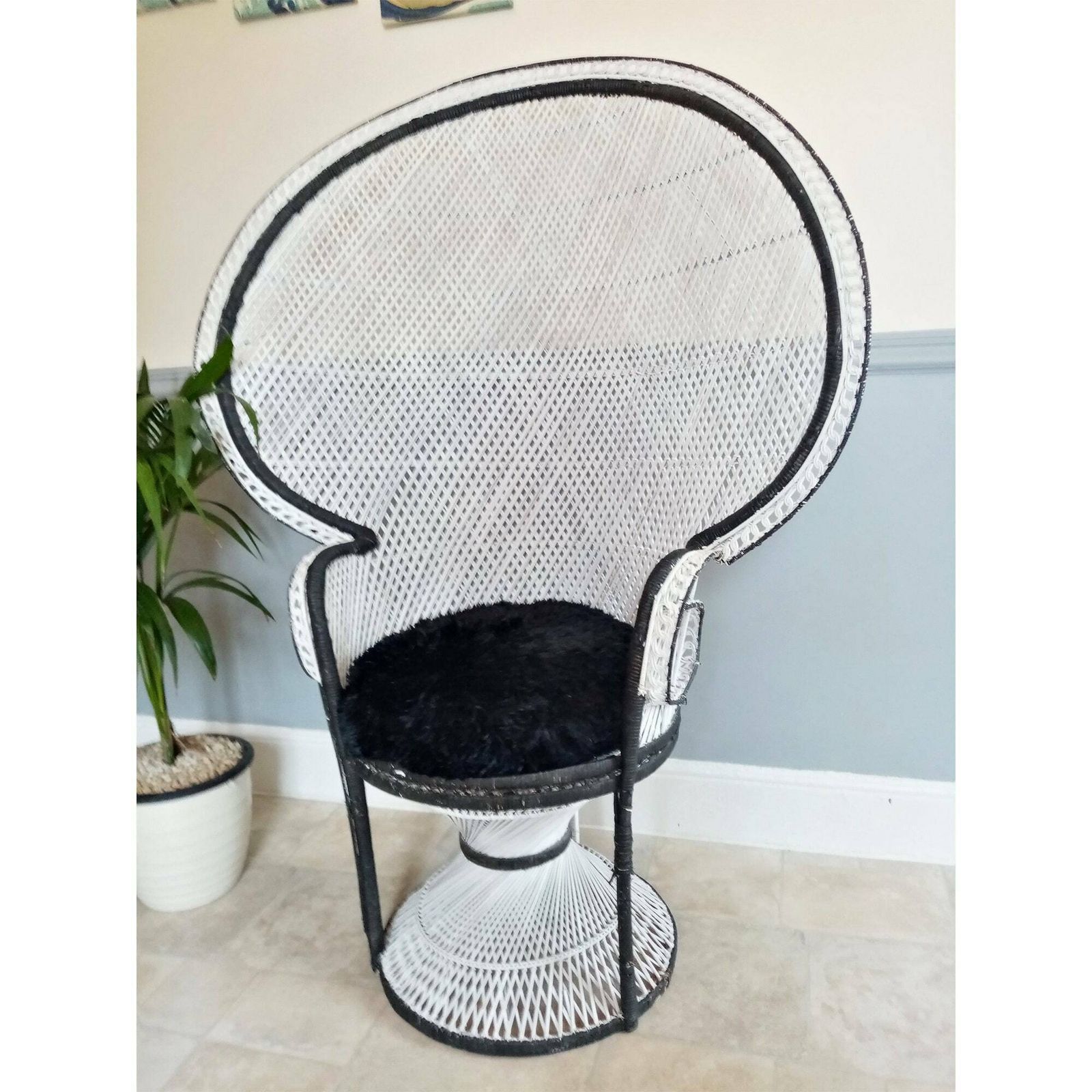 70's X Large Emmanuelle Wicker Peacock Chair   White W/ Black Detail   Wicker Rattan Chair   Boho Chic Retro Cane Chair   Photo / Film Prop photo furniture