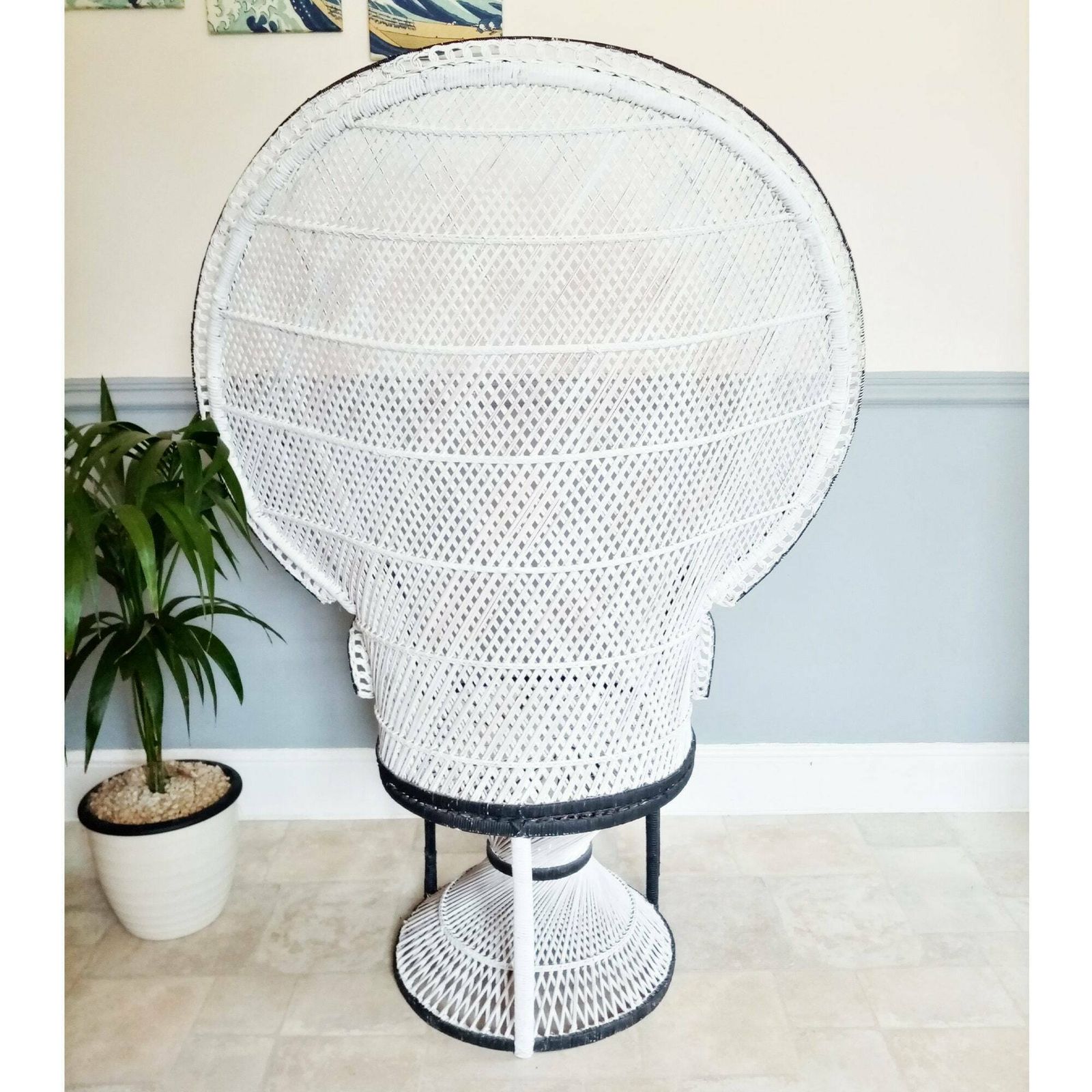 70's X Large Emmanuelle Wicker Peacock Chair   White W/ Black Detail   Wicker Rattan Chair   Boho Chic Retro Cane Chair   Photo / Film Prop photo vintage