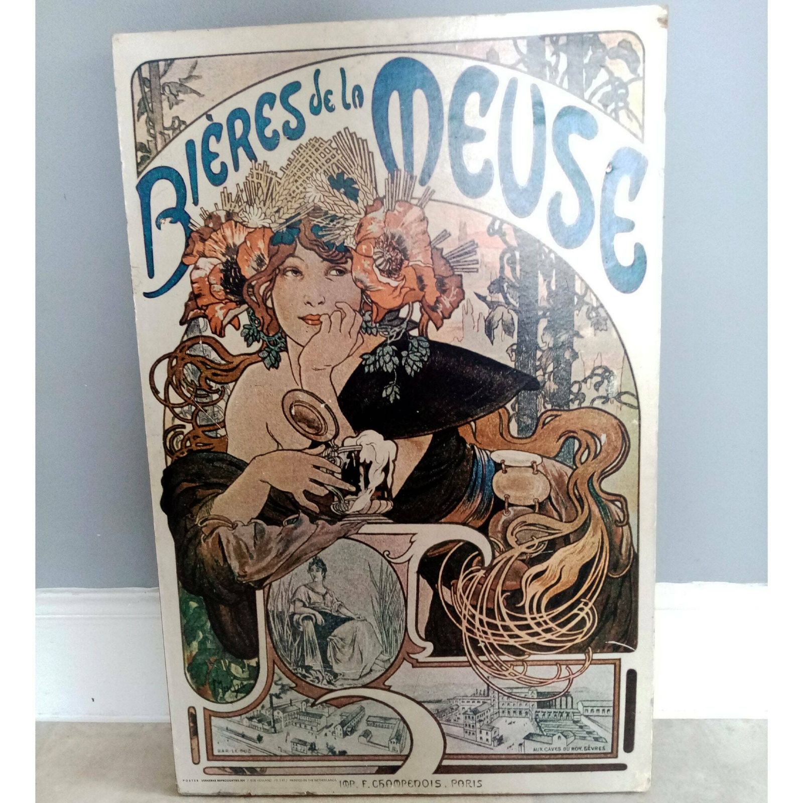 50's Large Vintage Bieres De La Meuse Print On Board   Alphonse Mucha   French Art Nouveau 1897 Fine Art Advertisement   Wall Hanging  29.5" photo for sale