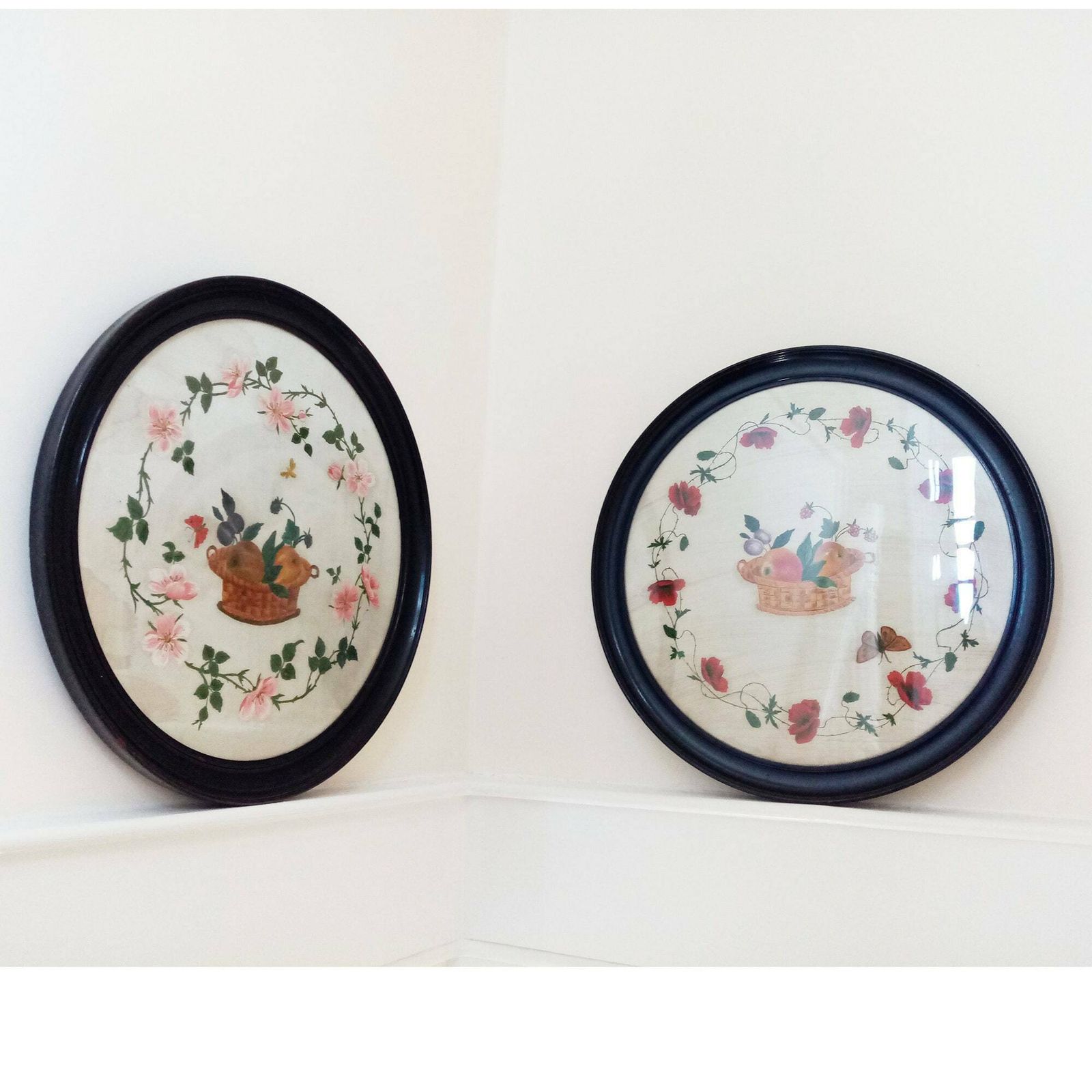 1900s Antique Large Pair Of Paintings On Silk   Baskets Of Fruit Surrounded By Garlands Of Flowers W/ Original Ebonised Wood Frames   20.5"