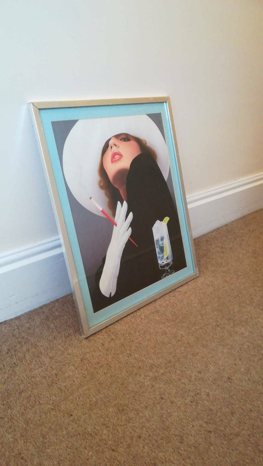 50s Vintage Cocktail Print, Smoking Woman, Auburn Hair, White Wide Brimmed Hat, Black Dress, Art Deco Wall Art, Polished Chrome Framed Print photo furniture