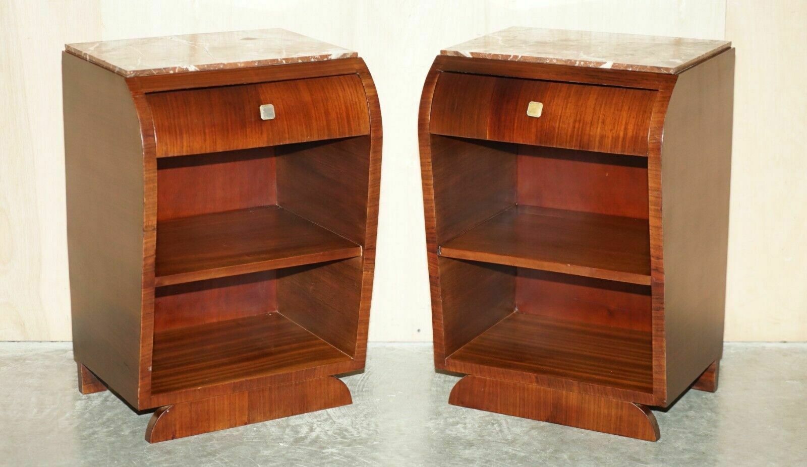 Fine Pair Of Antique French Art Deco Mahogany & Marble Topped Bedside Tables