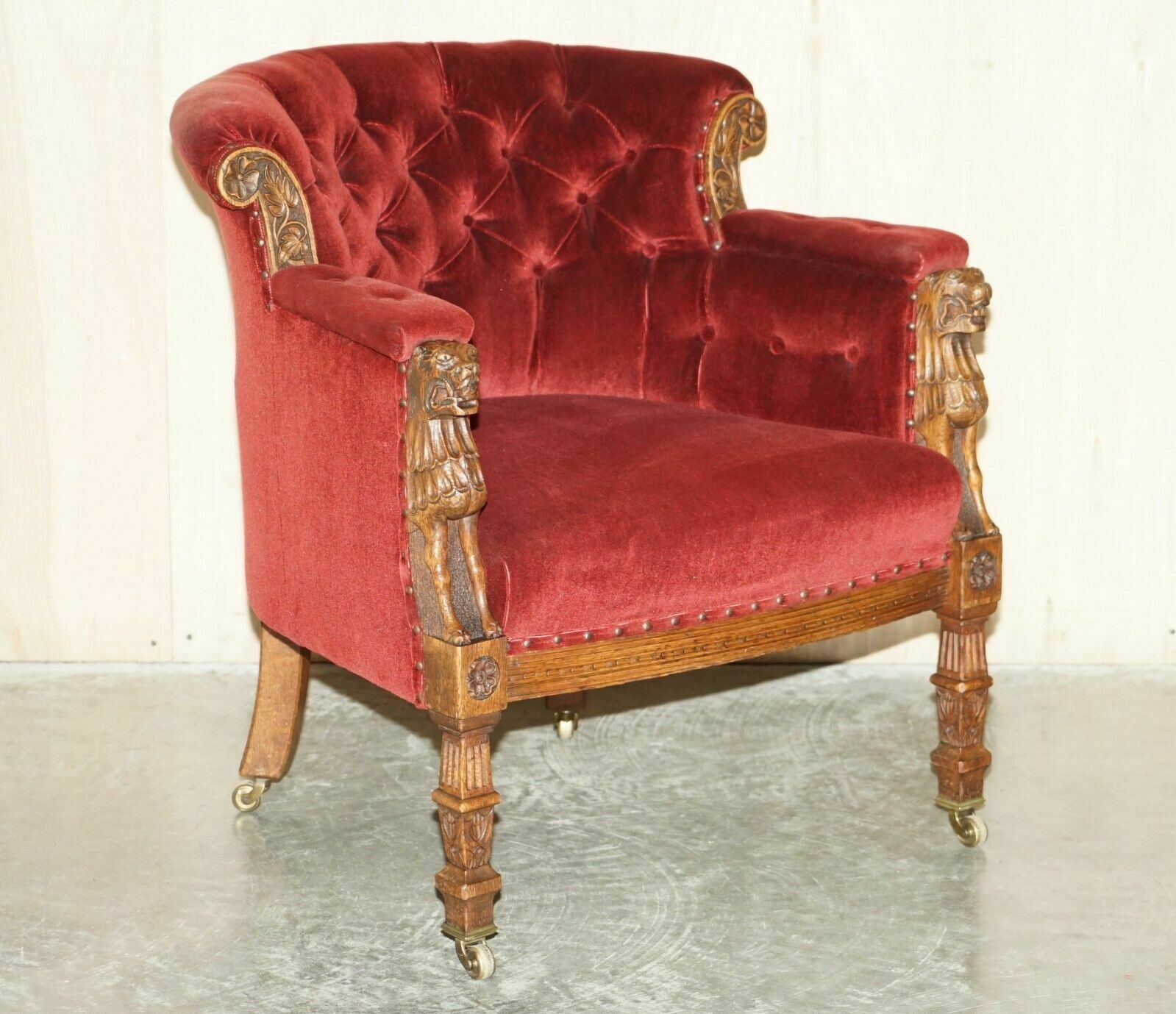 Antique Regency Circa 1810 Oak Carved Armchair With Lions Head Oxblood Velour
