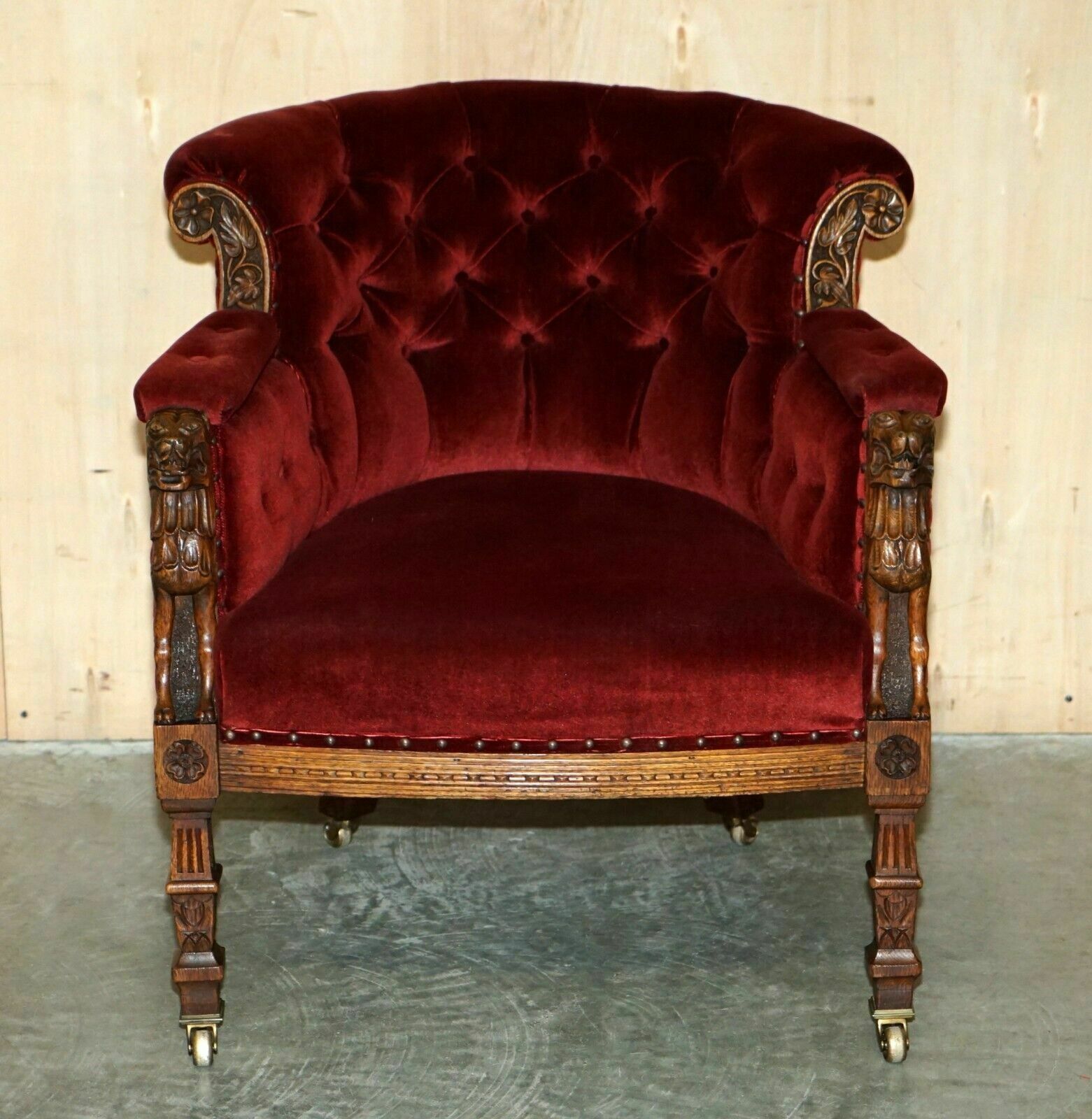 Antique Regency Circa 1810 Oak Carved Armchair With Lions Head Oxblood Velour photo furniture