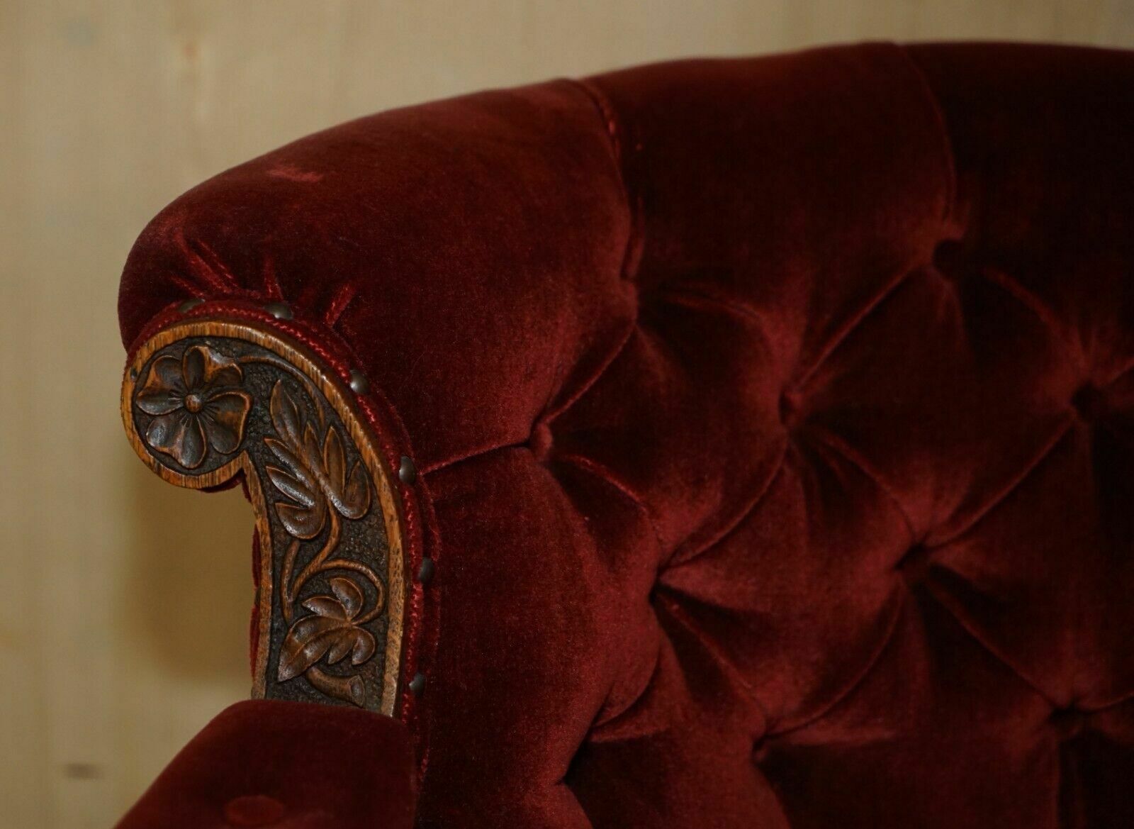 Antique Regency Circa 1810 Oak Carved Armchair With Lions Head Oxblood Velour photo 3750.0