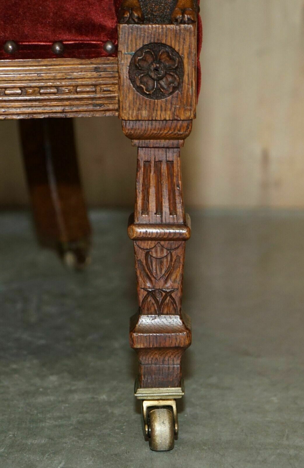 Furniture Antique Regency Circa 1810 Oak Carved Armchair With Lions Head Oxblood Velour photo