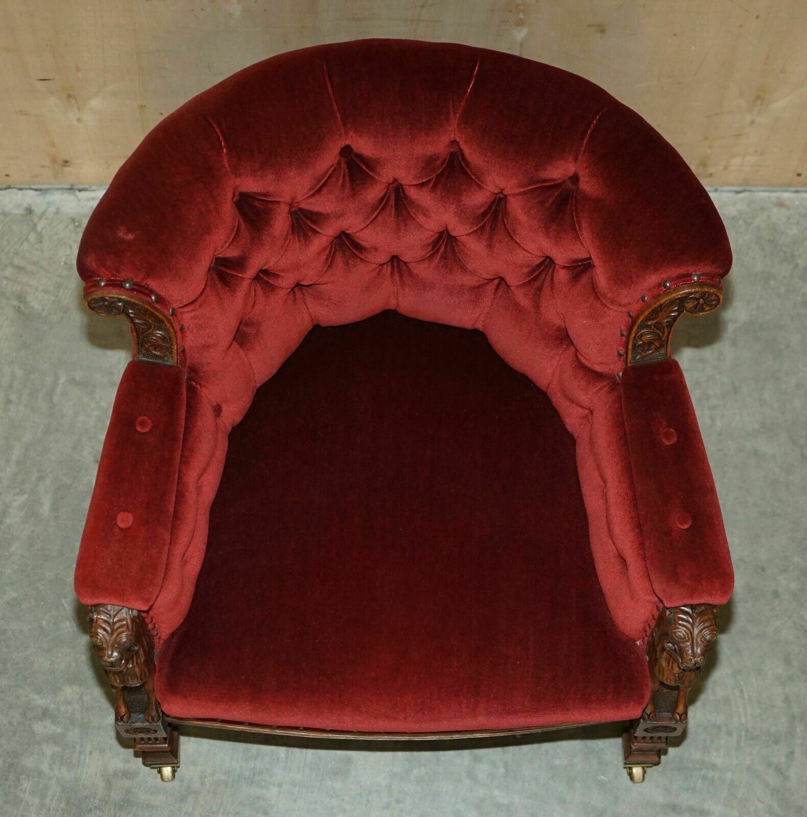 3750.0 Antique Regency Circa 1810 Oak Carved Armchair With Lions Head Oxblood Velour photo