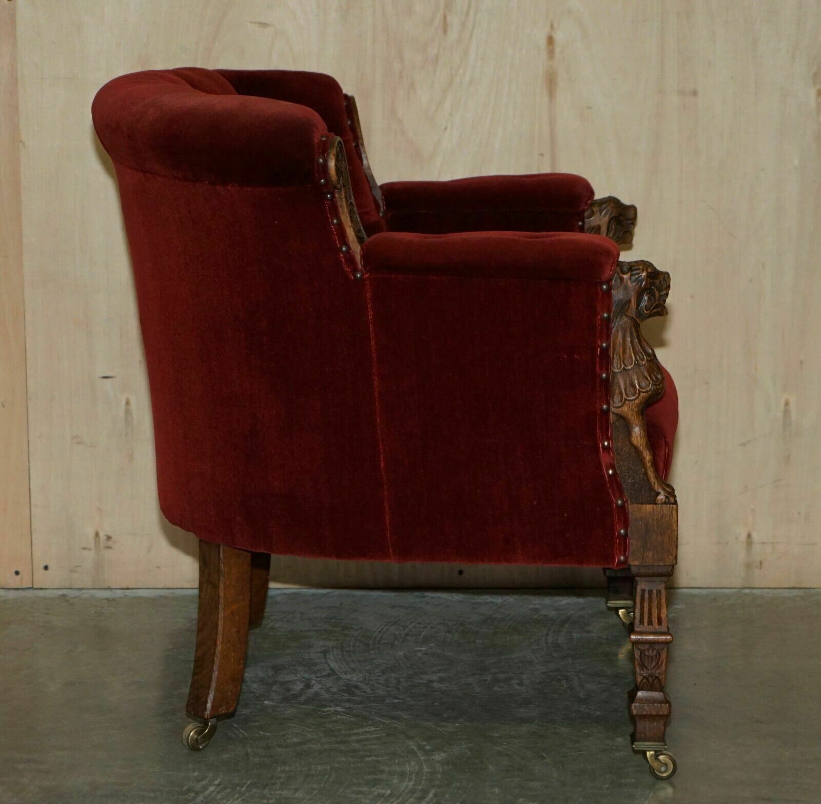 photo buy Antique Regency Circa 1810 Oak Carved Armchair With Lions Head Oxblood Velour