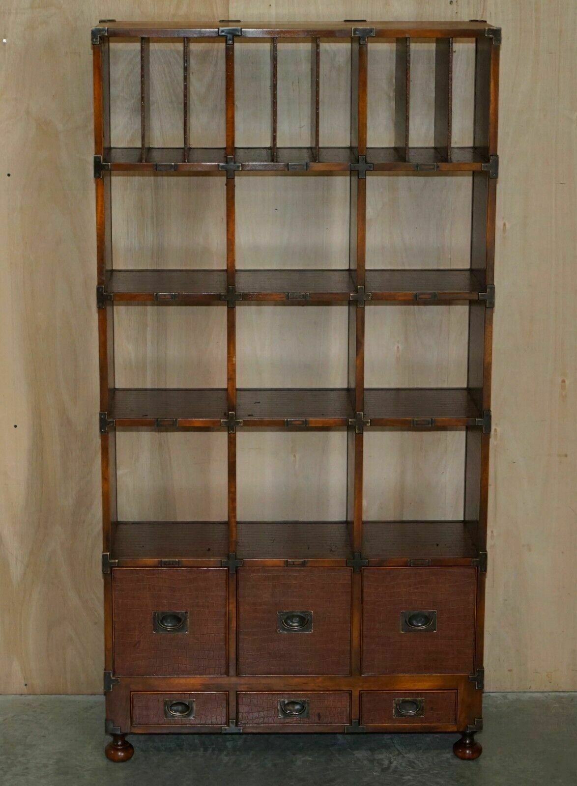 Pair Of Crocodile Leather Open Library Bookcases With Drawers & Record Slots photo for sale