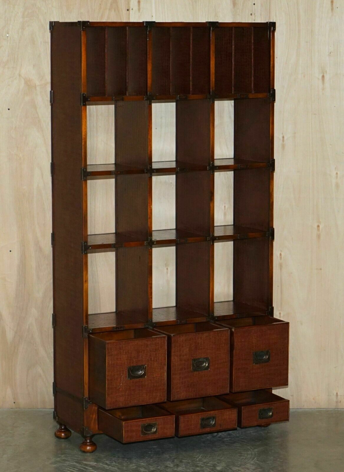 photo for sale Pair Of Crocodile Leather Open Library Bookcases With Drawers & Record Slots