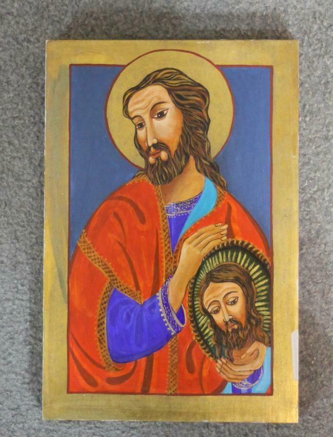 Hand Painted Religious Icon Of St. John The Baptist Holding His Own Head