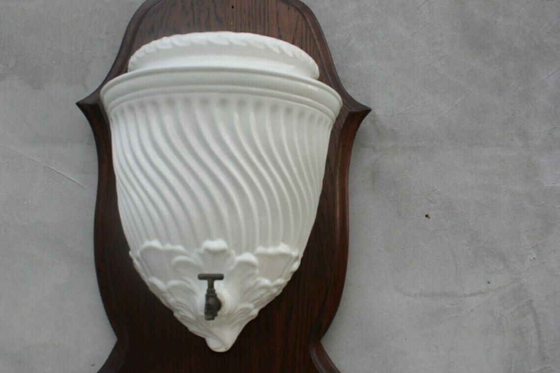 White Faience Wall Fountain  Made In Italy Wall Hanging Garden Accessory Mounted On A Wooden Board photo for sale