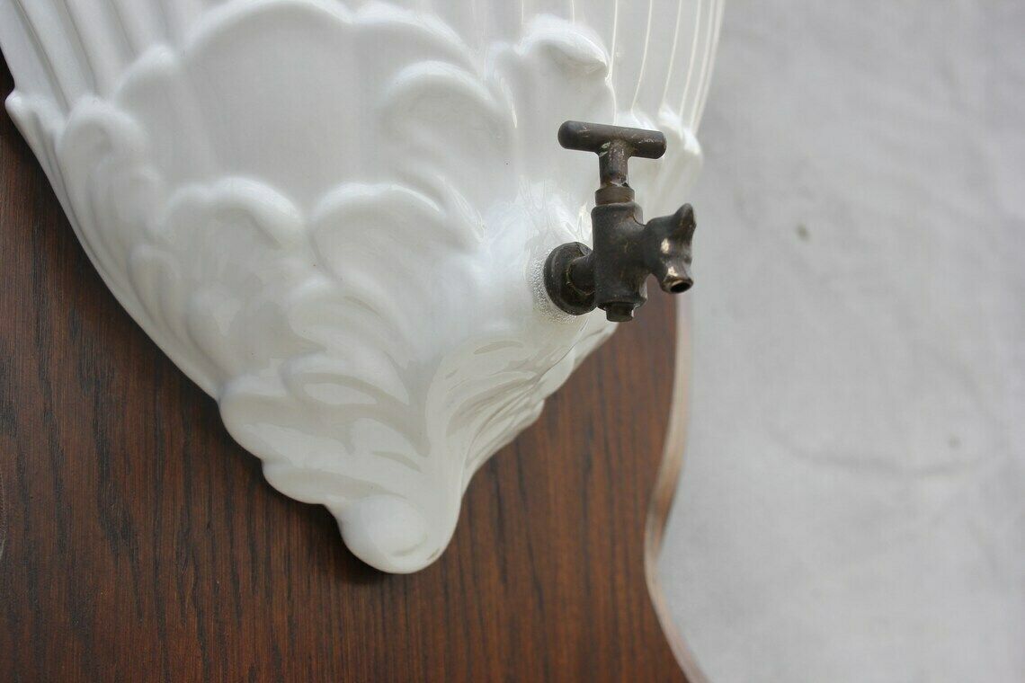 White Faience Wall Fountain  Made In Italy Wall Hanging Garden Accessory Mounted On A Wooden Board photo 138.0
